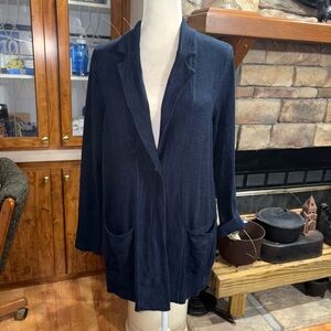 J.JILL SIZE MEDIUM NAVY BLUE MARLED ONE BUTTON CARDIGAN LONG CUFFS POCKETS